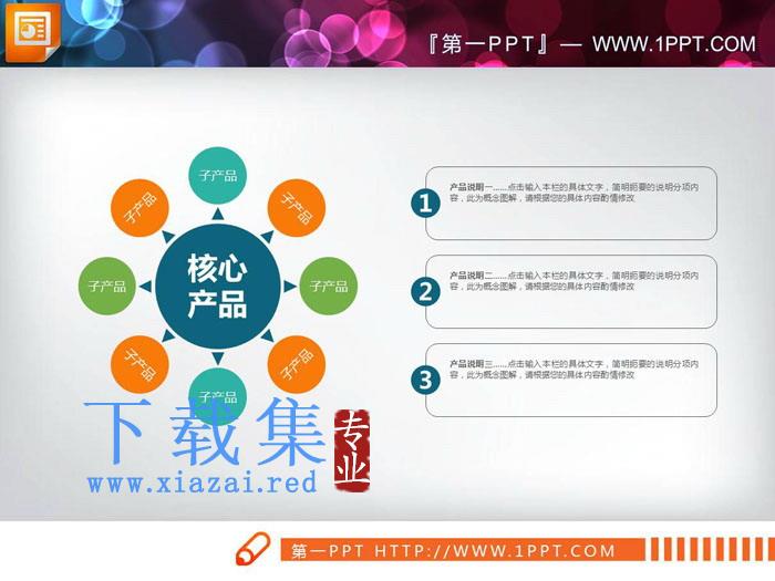 带有文本框说明的八项总分关系PPT图表